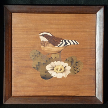 marquetry tray with cactus wren