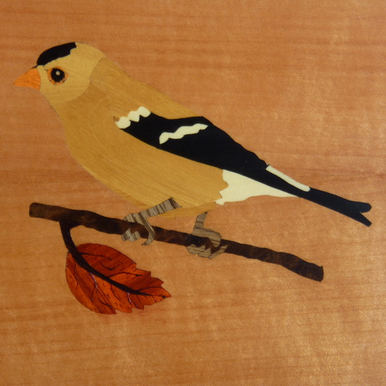 T109 -curved tray with Goldfinch on euro beech