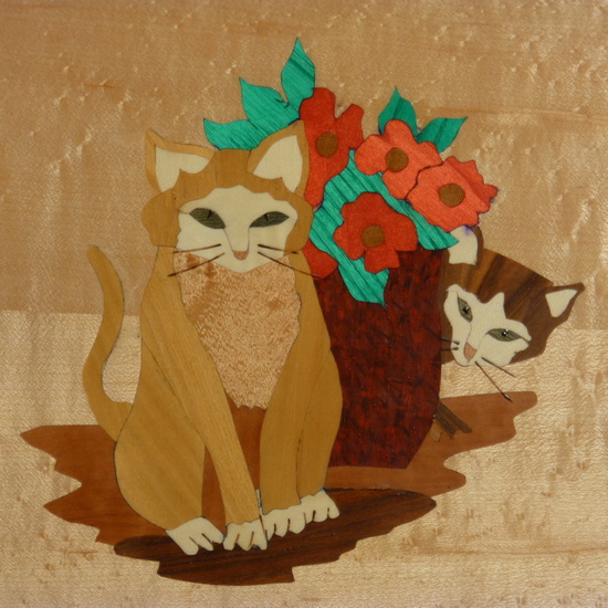   T114 - curved tray with two cats by a vase of flowers