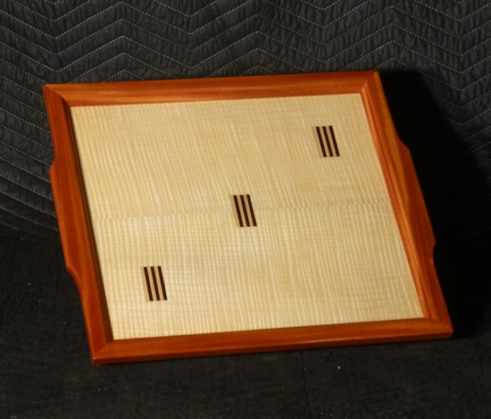 T46 tray with mahogany rim, quilted ash plate, and 3 accent marks